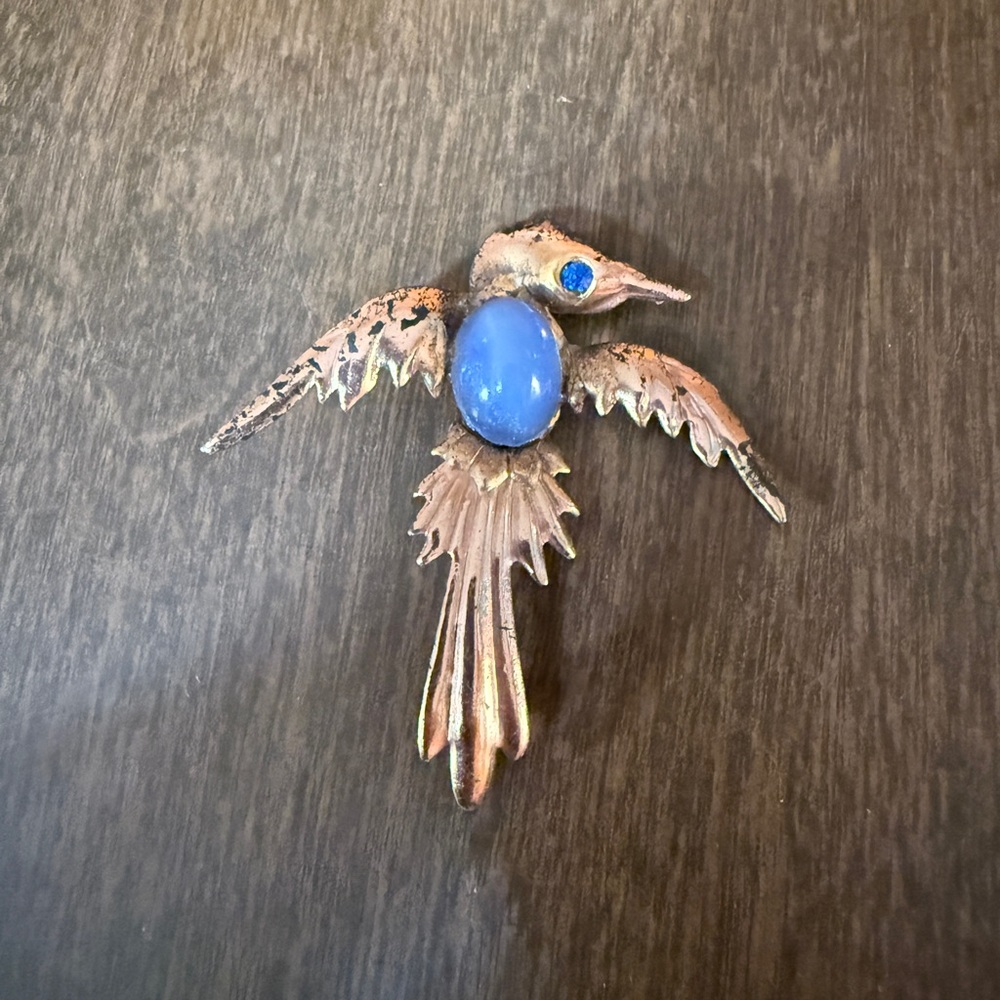 Vintage Sterling Silver Phoenix Bird Cabochon Blue JellyBelly Brooch